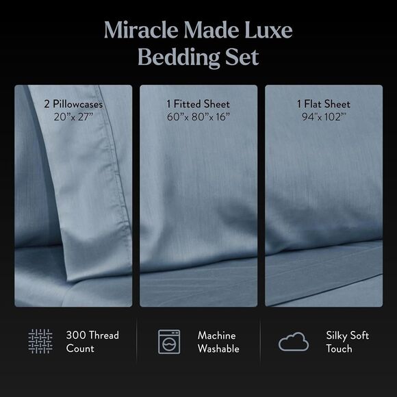 NEW Miracle Made Cotton Bed Sheets NASA Cooling SLATE BLUE Sheet Set - QUEEN - Picture 2 of 4